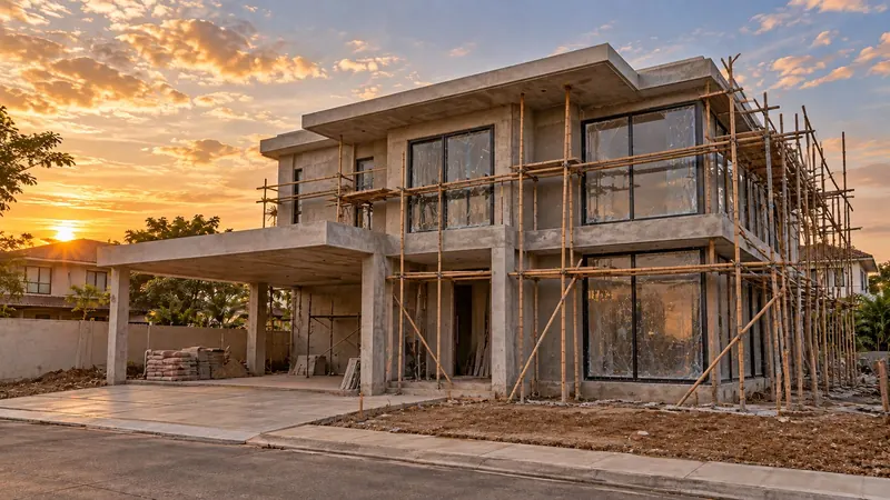 Illustrative render: the house enclosed with walls and windows, scaffolding still up